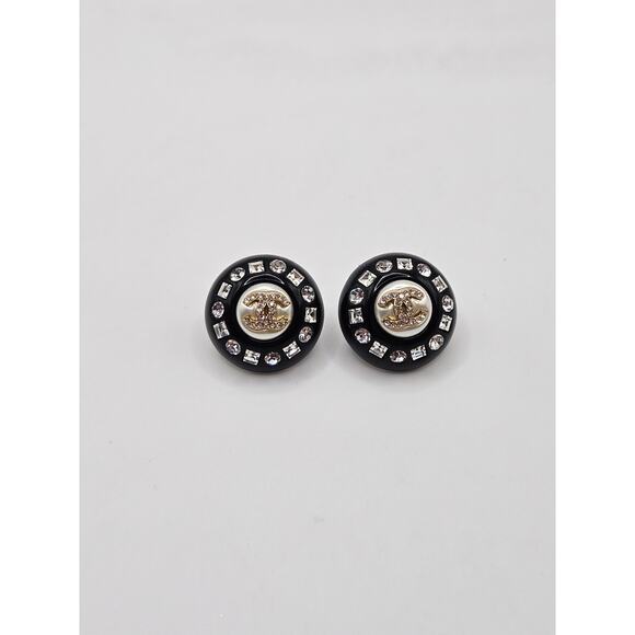 Chanel Black Resin Faux Pearl Crystal CC Stud Earrings - Picture 8 of 14